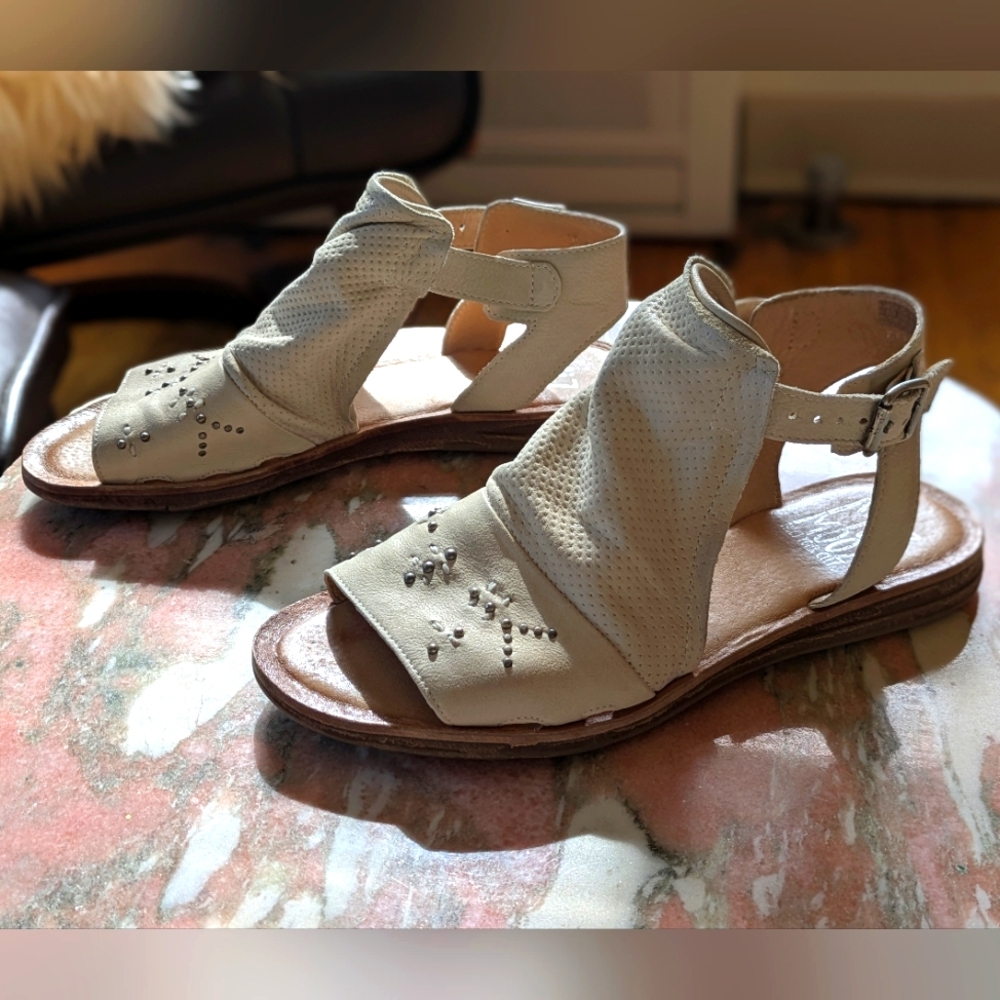 Miz Mooz Beige Open-Toe Perforated Leather Sandals